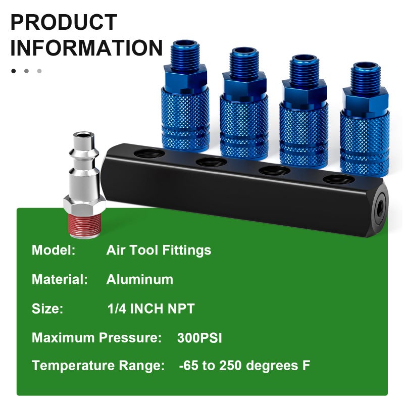 TAISHER 4-Way Straight Air Manifold 5 Ports Aluminum Industrial Pneumatic Air Compressor Quick Connect Socket In Line Type Air Hose Splitter with 4 Couplers and 1/4" Male NPT Plug - Image 5